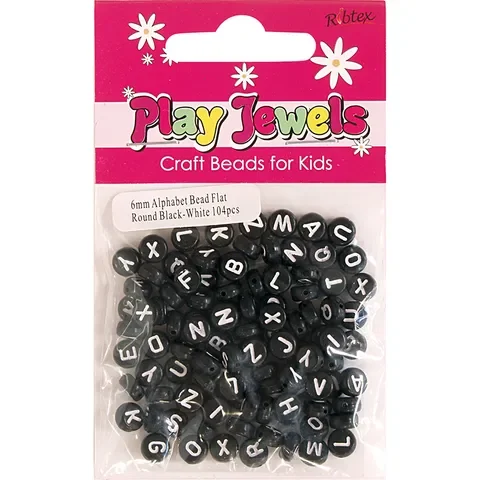 Beads 6mm Alphabet Flat Black with White Letters