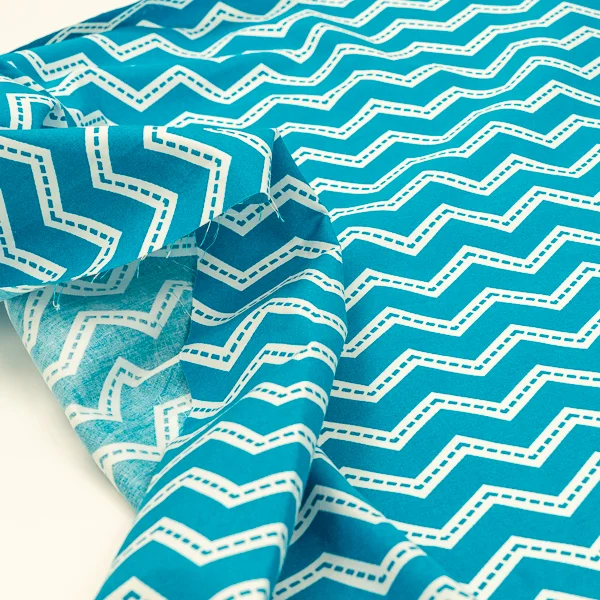 Cotton Turquoise White Line Chevron