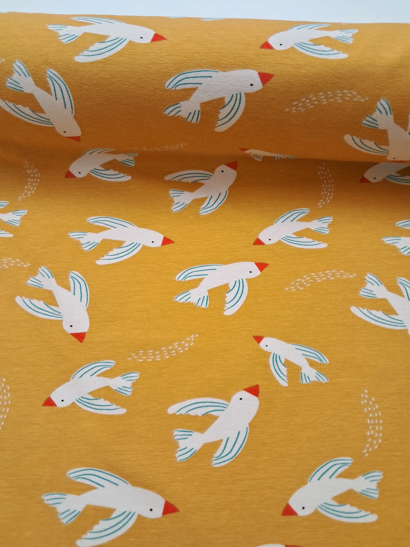 Fabric Jersey Knit Mustard Birds