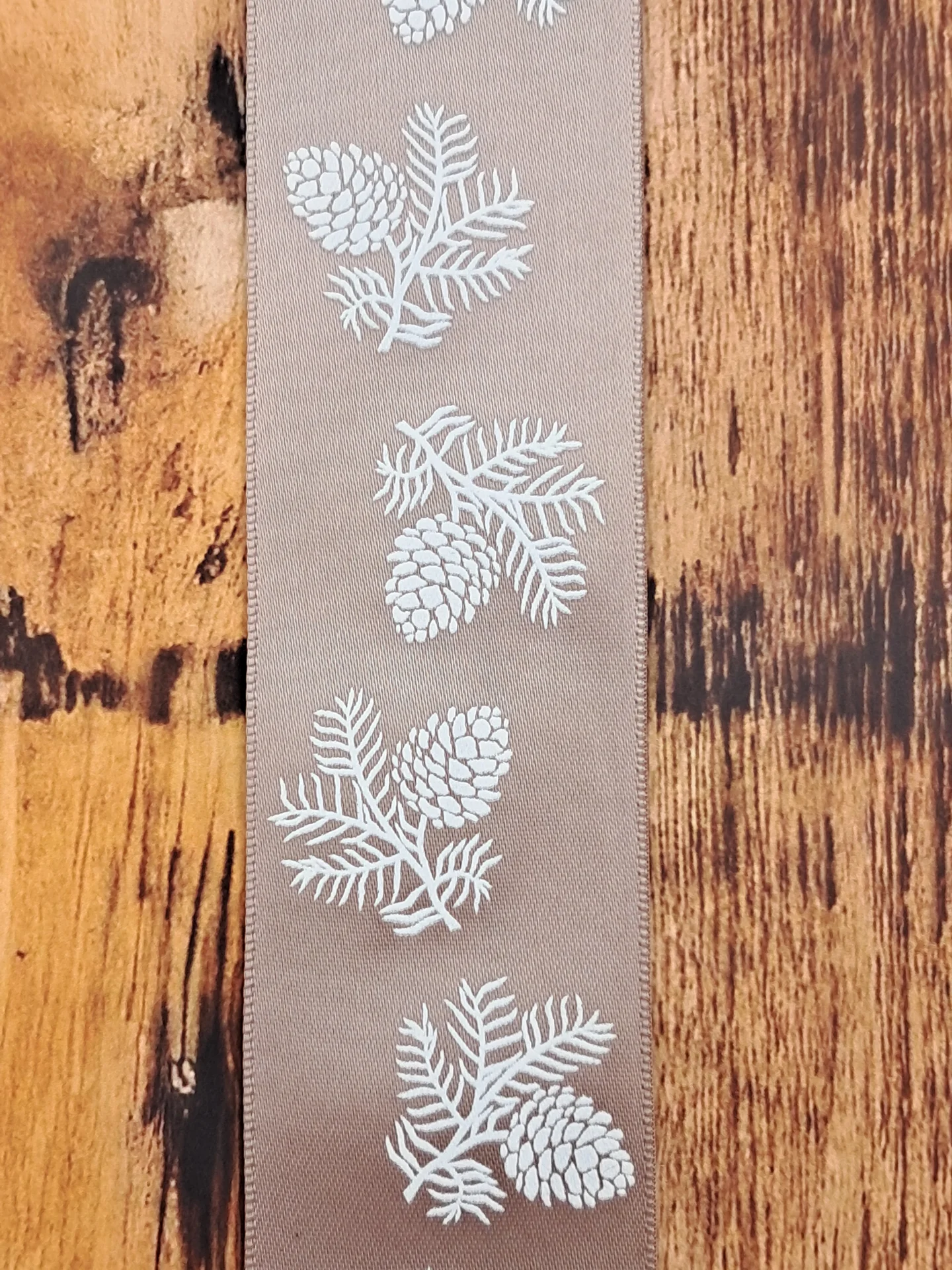 Ribbon Luxe Pine Cones Latte White 38mm