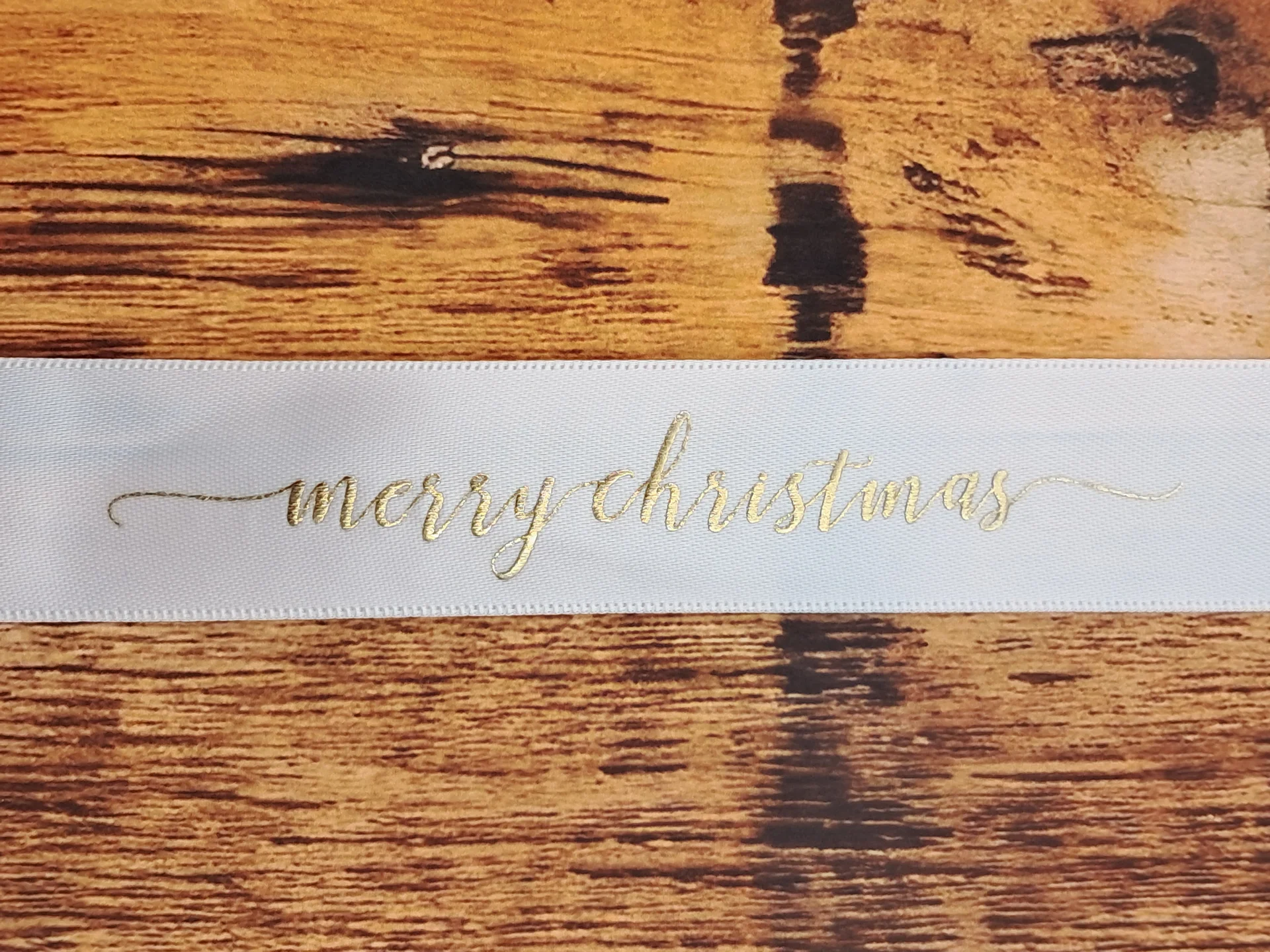 Ribbon Merry Christmas White Gold 25mm