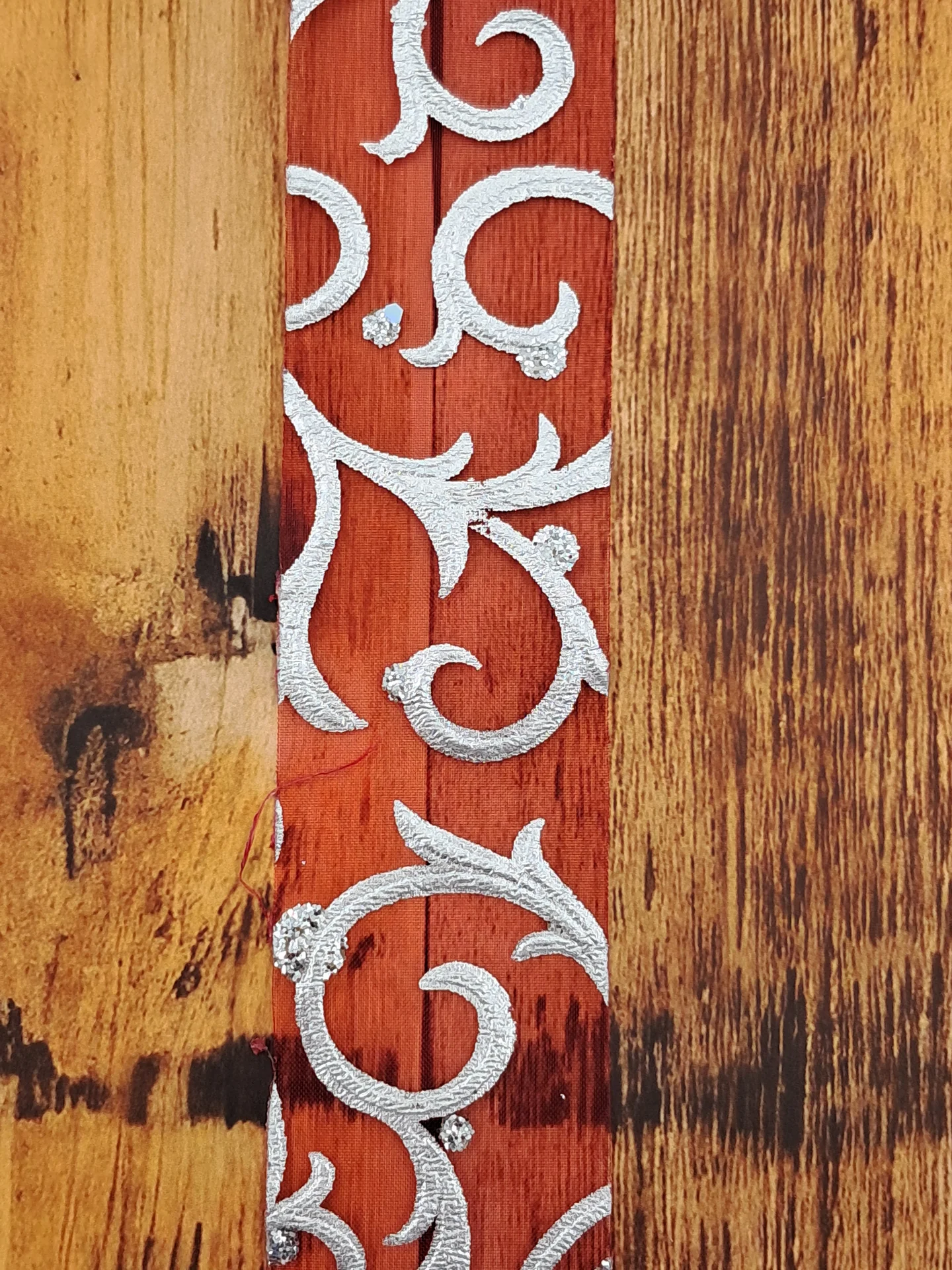 Ribbon Red Organza Sliver Swirl 37mm