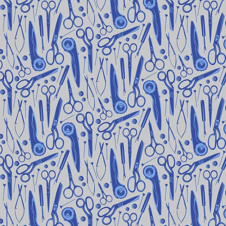Tula Pink Homemade Blue Sew Tools On Grey